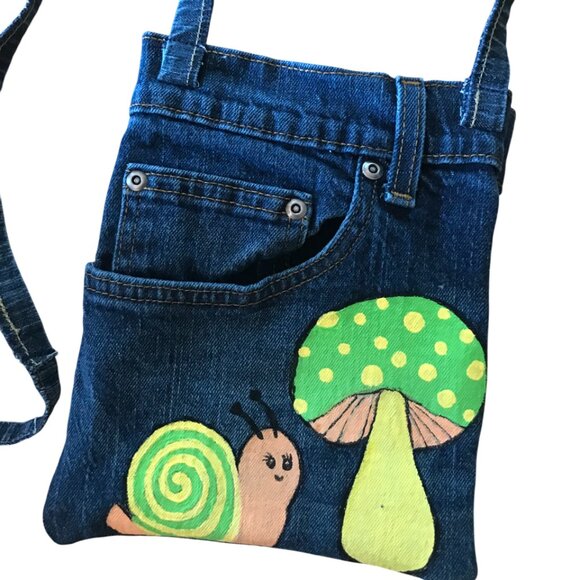 Handmade Crossbody Bag: Denim Cell Phone Holder, Whimsical Snail Mushroom Design - Picture 6 of 11